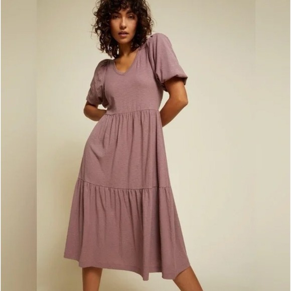 Nation Geri V-Neck Peasant Puff Sleeve Dress Santa Fe Tiered Midi Short Sleeve - Picture 1 of 9